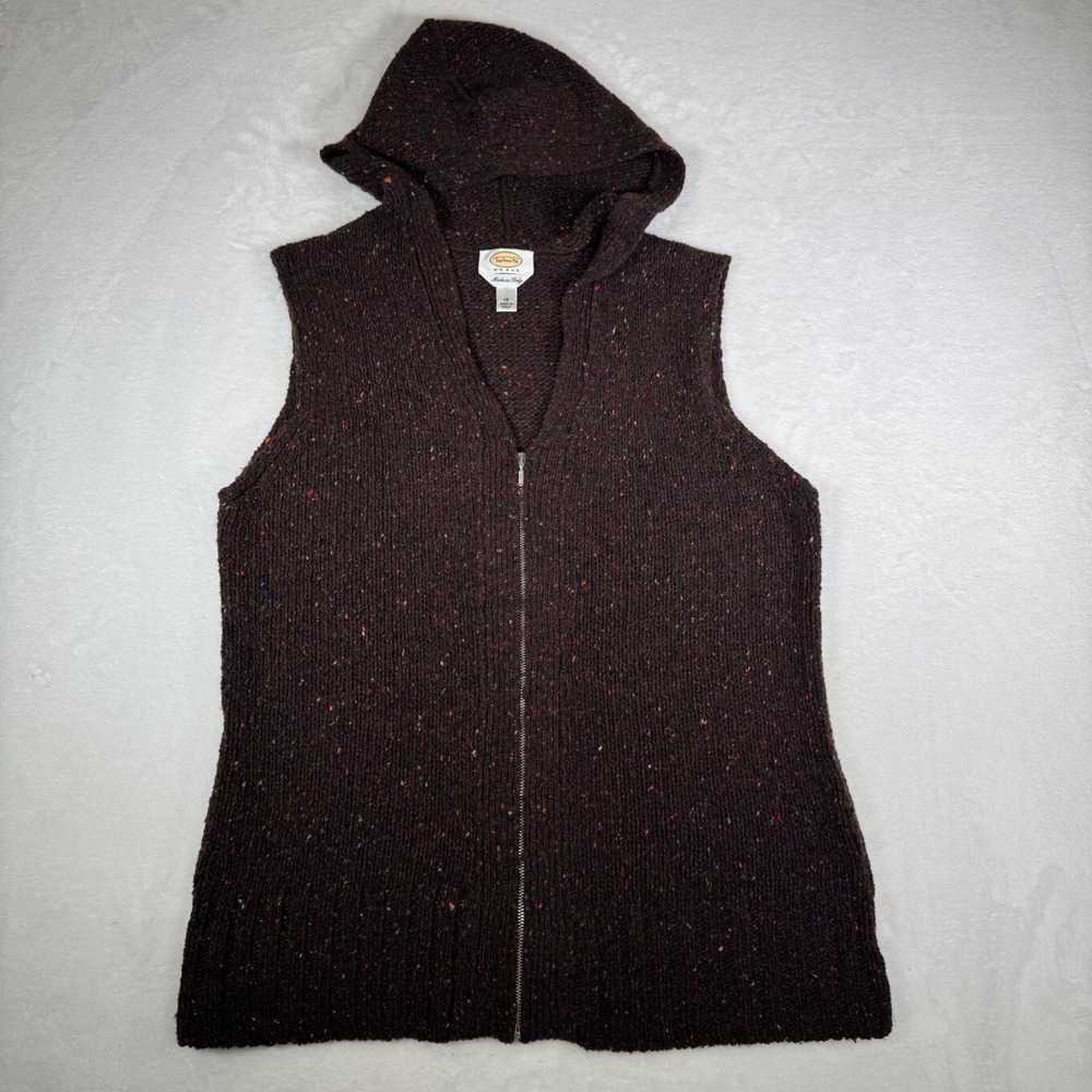 Talbots Woman Brown Speckled Knit Zip Up Wool Blend Hooded Vest 1X Made in Italy - Picture 2 of 8
